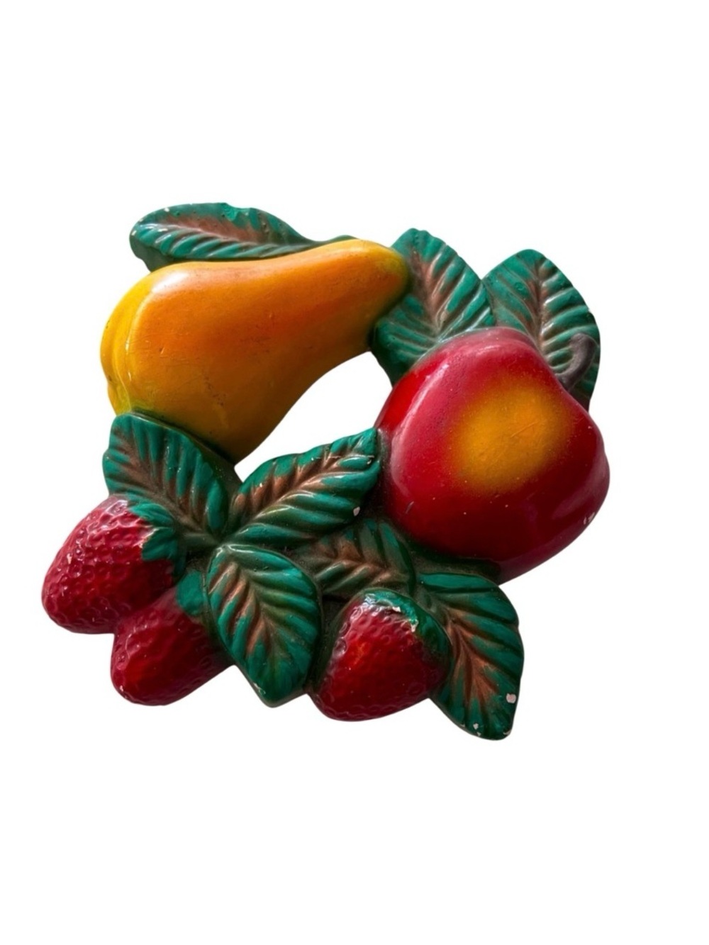 Vintage Arkansas Red Clay Fruit Wall Plaque Pear Apple Strawberries kitschy - Picture 2 of 12